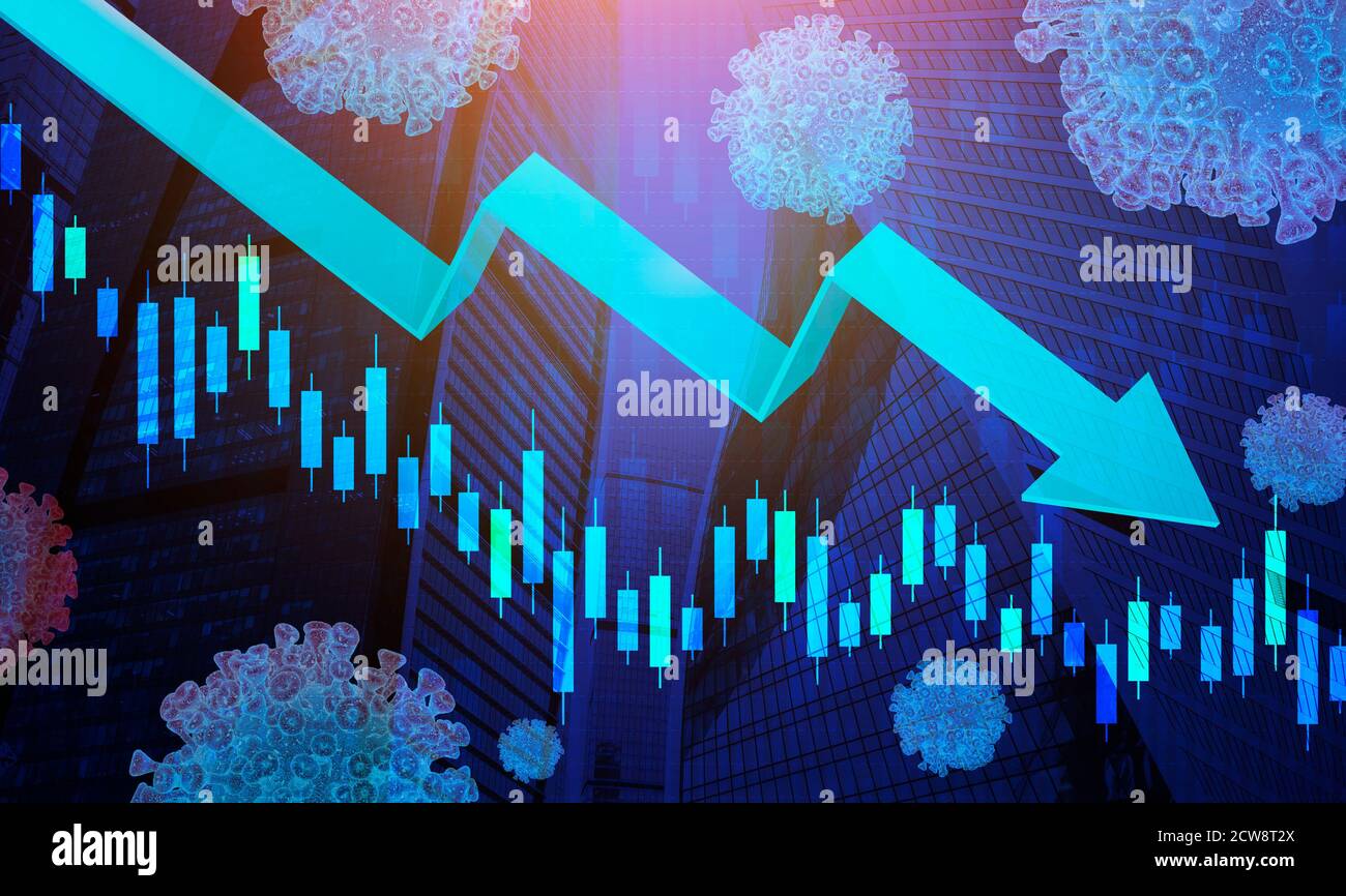 Coronacrisis Collage, Abnehmender Pfeil Und Diagramm Der Wirtschaftsdaten, Blauer Hintergrund Stockfoto