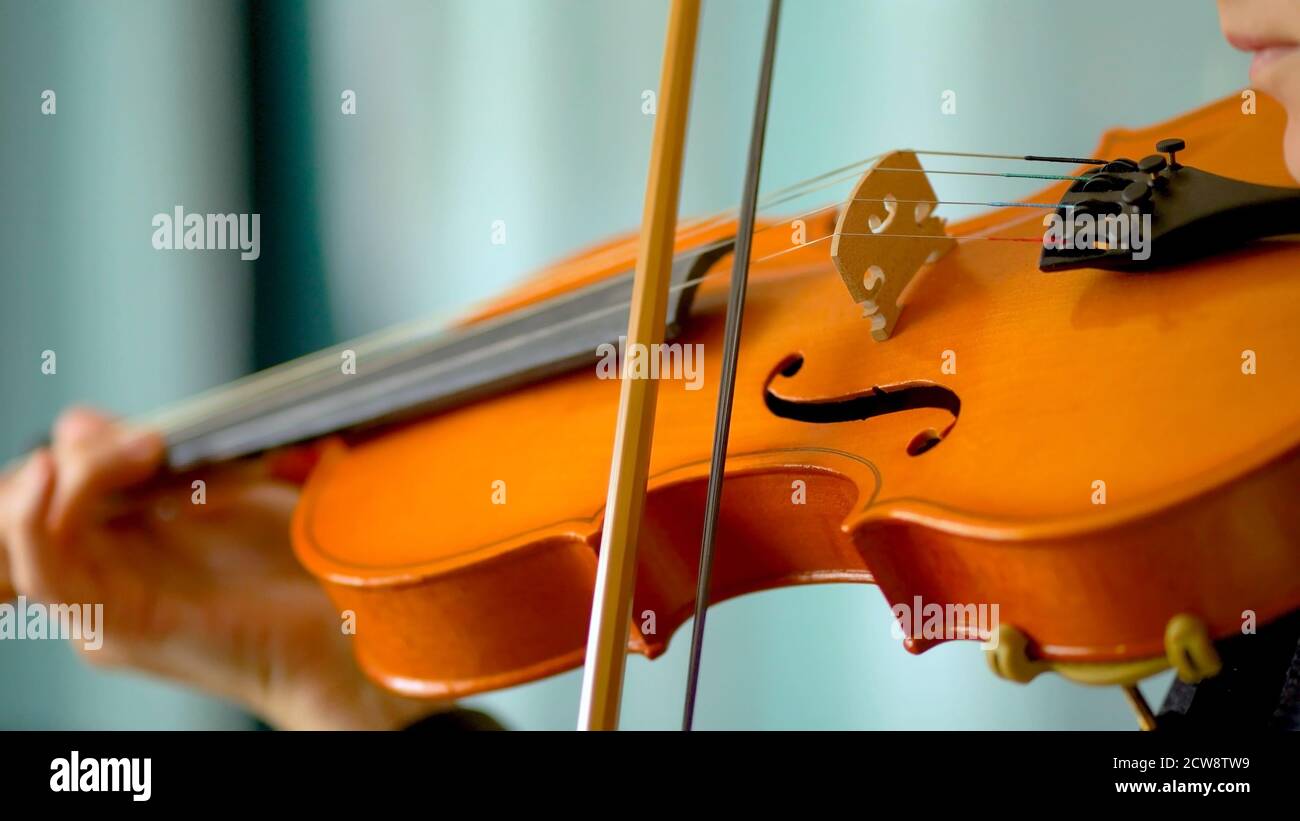 Junge Frau spielt Geige. Hände des Musikers, Nahaufnahme. Vorderansicht. Stockfoto
