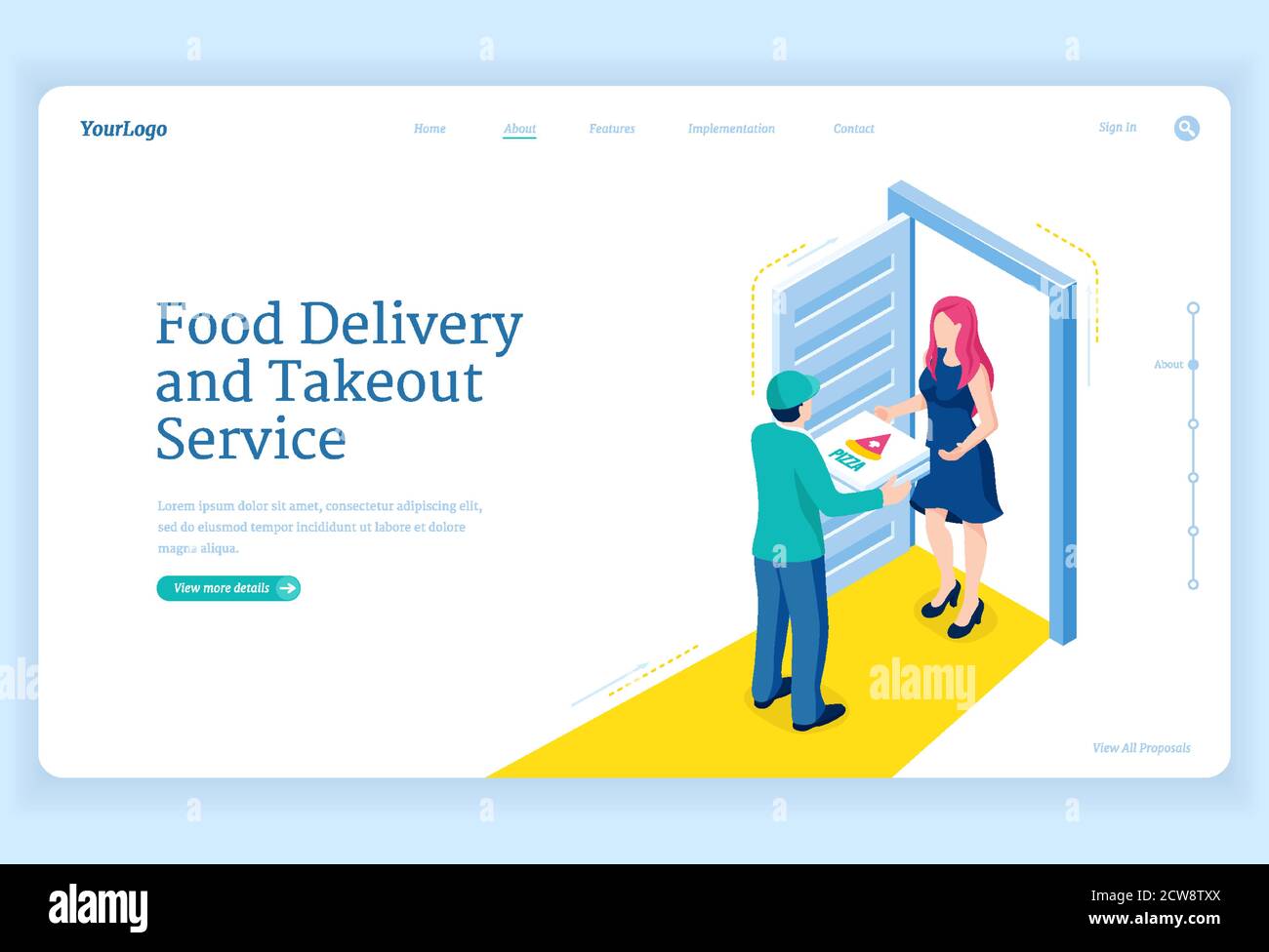 Lieferservice und Take-out-Service. Versandauftrag vom Restaurant, Catering oder Geschäft zur Haustür. Vektor Landing Page mit isometrischer Darstellung von Kurier liefert Pizza Stock Vektor