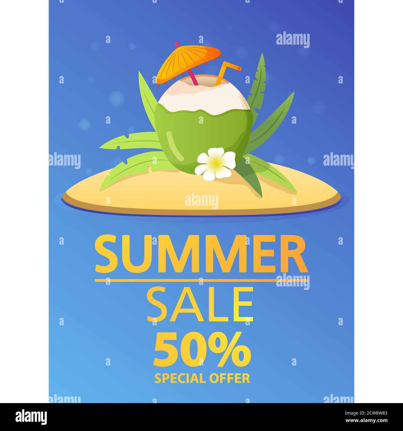 Sommer Verkauf Banner.bietet einen Rabatt von 50.Tropische Insel mit Palmen und Kokosnüssen. Stock Vektor