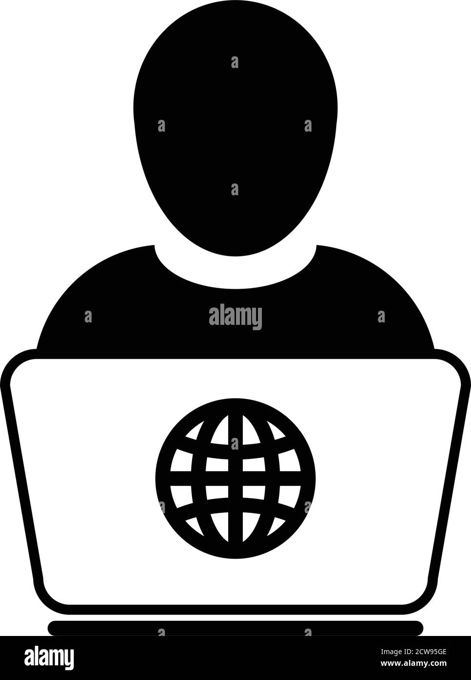 ECommerce Symbol Vektor Person mit Laptop-Computer männlichen Benutzer Person Profil Avatar Globus Symbol für die Arbeit online in einer Wohnung Farbzeichen-Piktogramm Stock Vektor