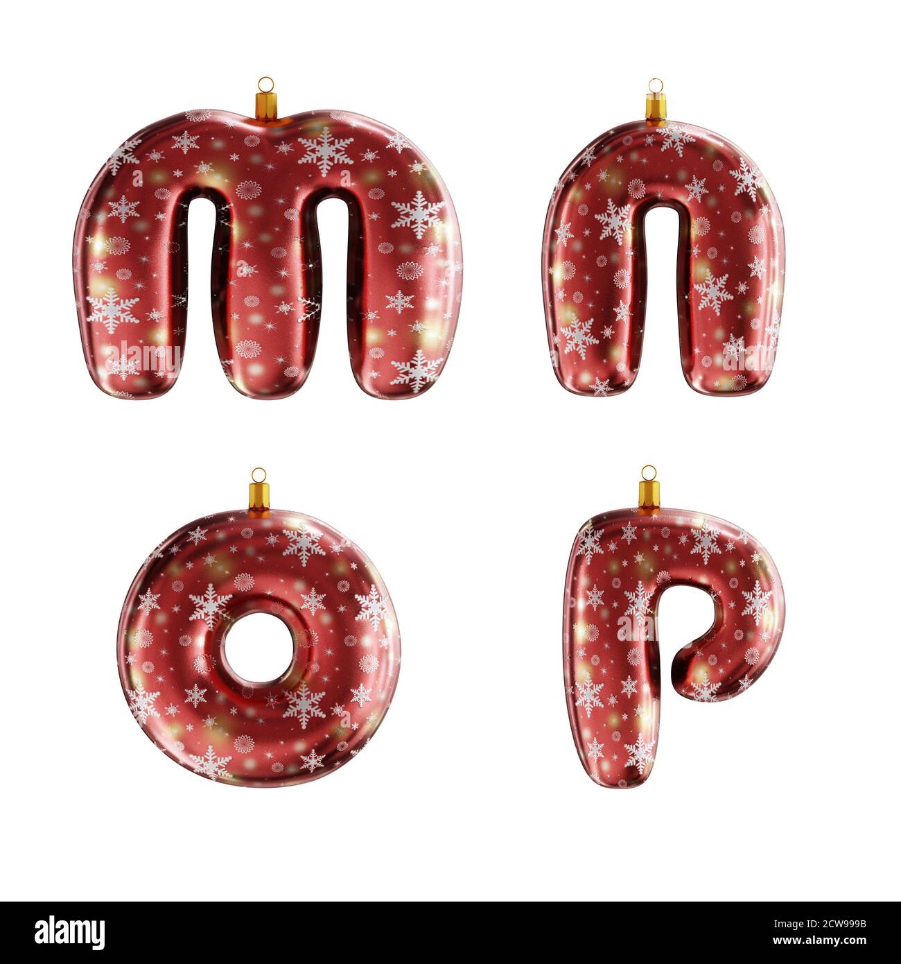 3D-Rendering von roten weihnachtsschmuck Alphabet auf weiß geschossen - Buchstaben M-P Stockfoto
