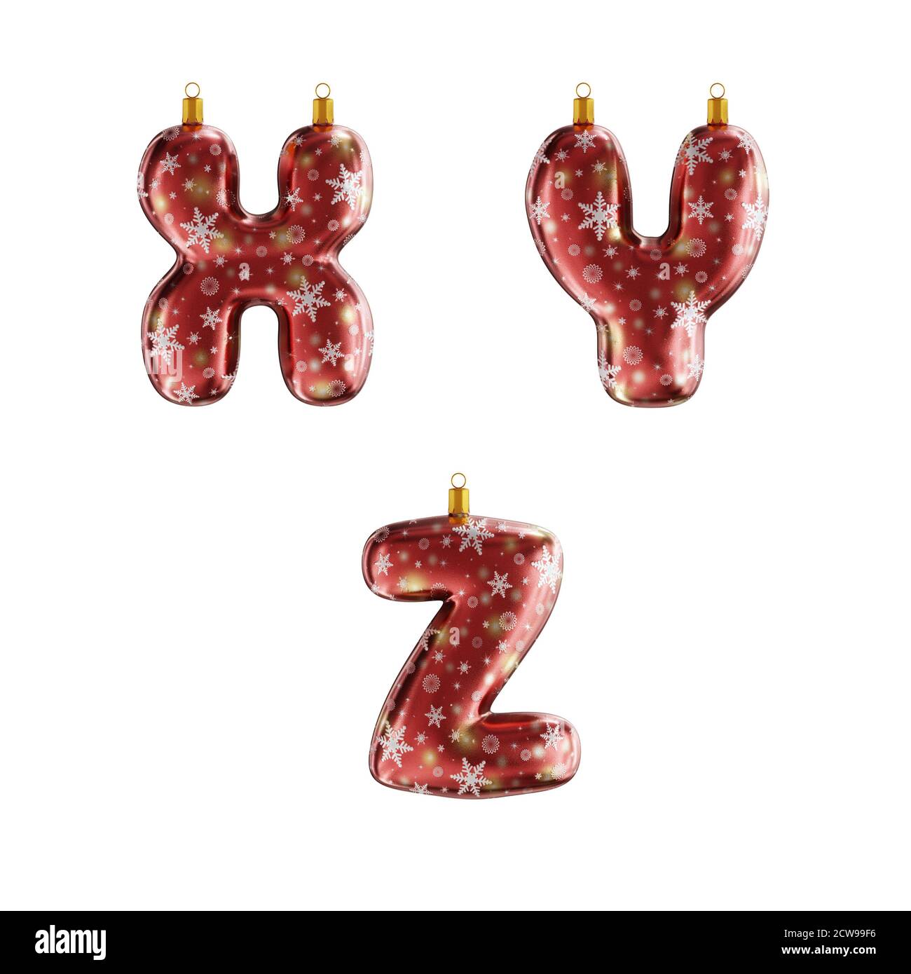 3D-Rendering von roten weihnachtsschmuck Alphabet auf weiß geschossen - Buchstaben X-Z Stockfoto