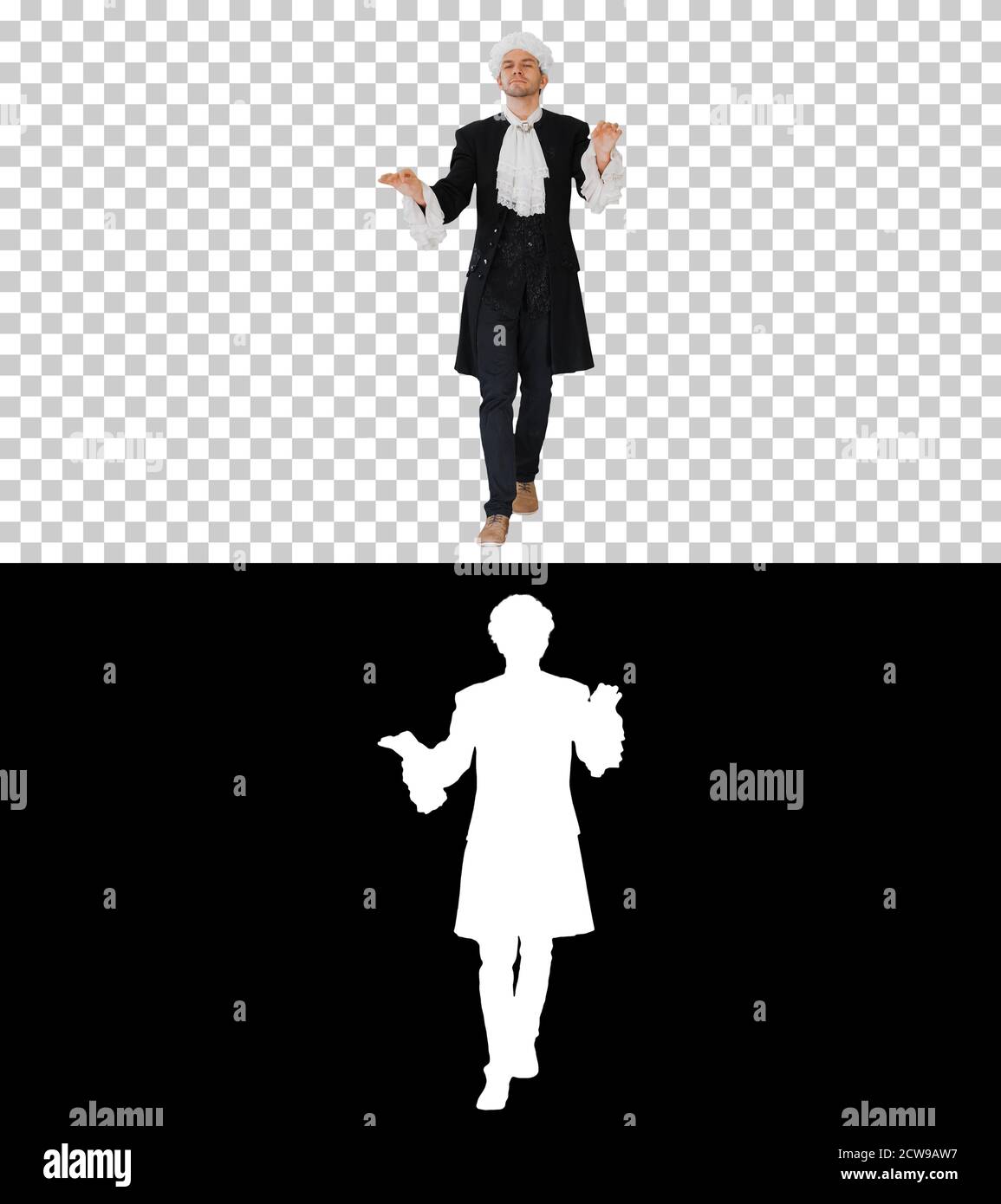 Mann gekleidet wie Mozart beim Gehen, Alpha Channel Stockfoto