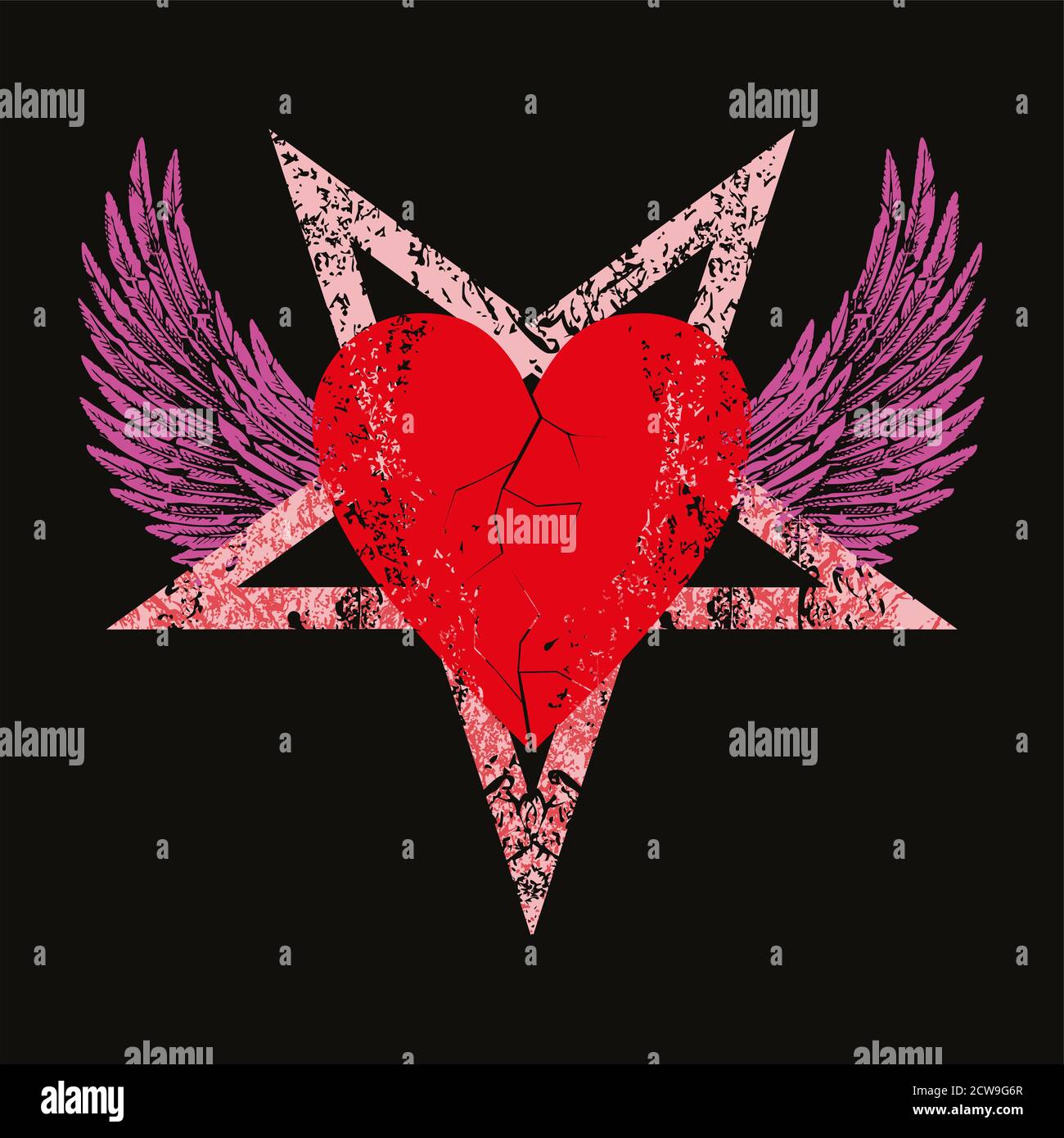 Vektordarstellung eines roten Herzens auf einem geflügelten Pentagramm auf schwarzem Hintergrund. Liebe Symbol für Valentinstag T-Shirts oder Plakate. Stock Vektor