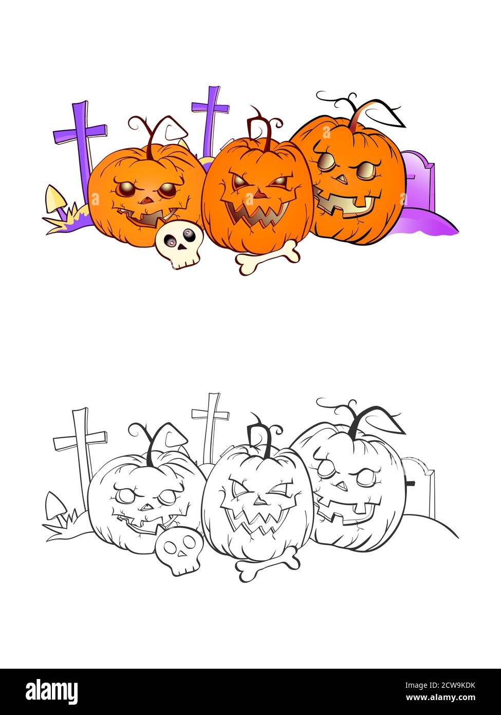 Halloween Illustration mit lächelnden Kürbissen, Totenkopf und Grab auf weißem Hintergrund. Zwei Varianten: Farbe und monochrom. Seite des Malbuches. Vektor. Stock Vektor