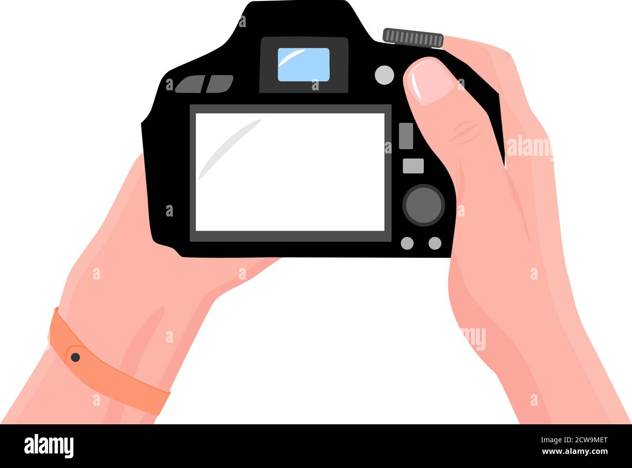 Hände mit Fotokamera. Blick auf die erste Person. Kopieren Sie Speicherplatz für Ihre eigenen Bilder. Digitalkamera. Machen Foto für Werbung, Banner, Poster, Karte Stock Vektor