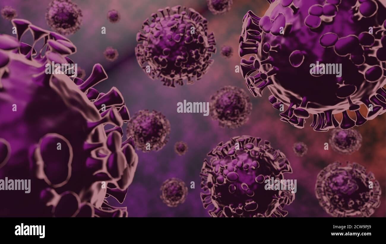 3D Render Coronavirus 2019-NCoV und Coronaviren Influenza medizinische Gesundheit Pandemievirus in Mikroskop-Virus Nahaufnahme. Stockfoto
