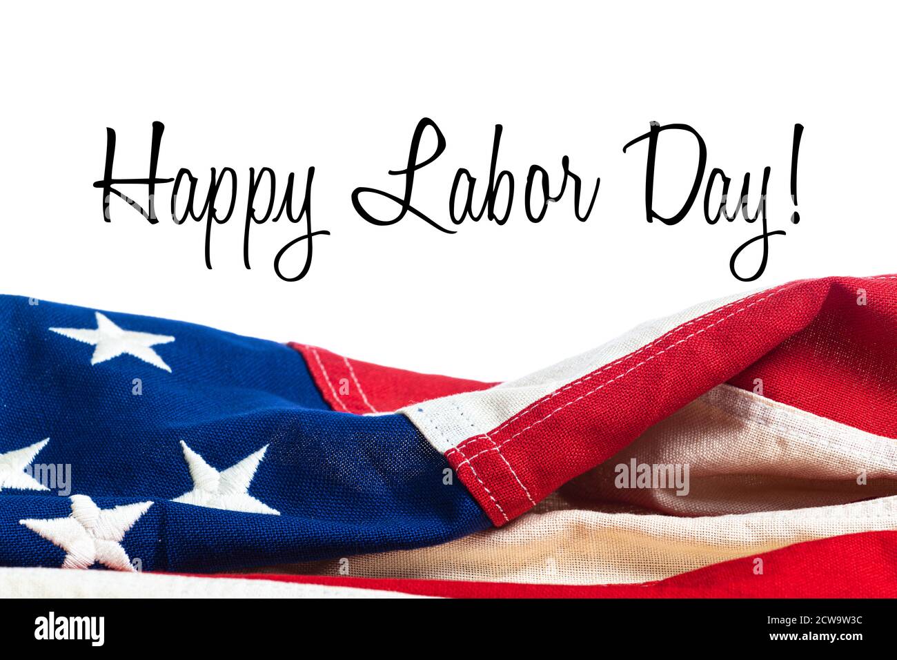 USA, Amerikaner, Flagge auf weißem Hintergrund mit Labour Day Gruß Stockfoto