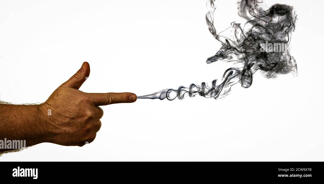 Konzept der Finger des Todes mit einem Finger, um eine Welle von Rauch Stockfoto