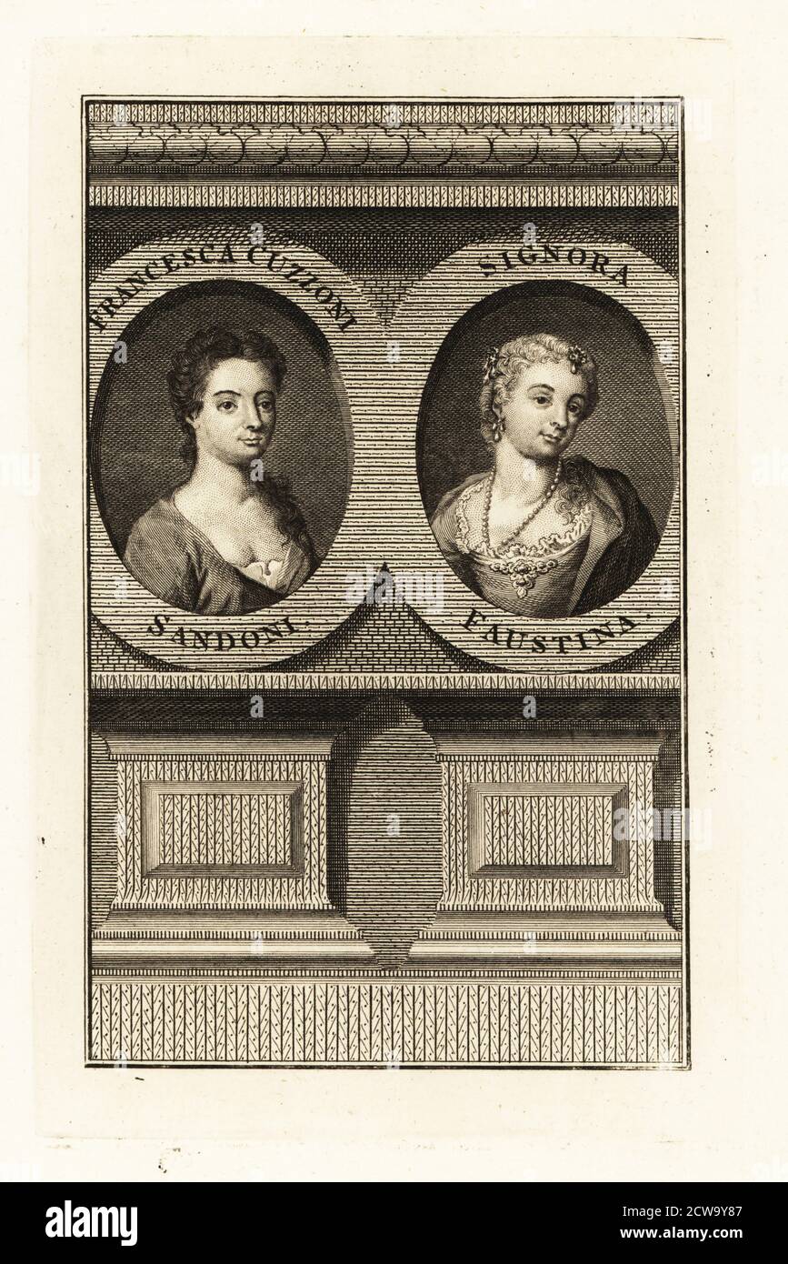 Francesca Cuzzoni (1696-1778), italienische Sopranistin, und Faustina Bordoni (1697-1781), italienische Mezzosopranistin. Als sie 1727 gemeinsam in Giovanni Bononcinis Astianatte im King’s Theatre, Haymarket, London, auftraten, kam es zu einem Aufruhr zwischen ihren rivalisierenden Fans. Kupferstich nach Porträts von Enoch Seeman (Cuzzoni) und Rosalba Carriera (Bordoni) in London, 1790er Jahre. Stockfoto