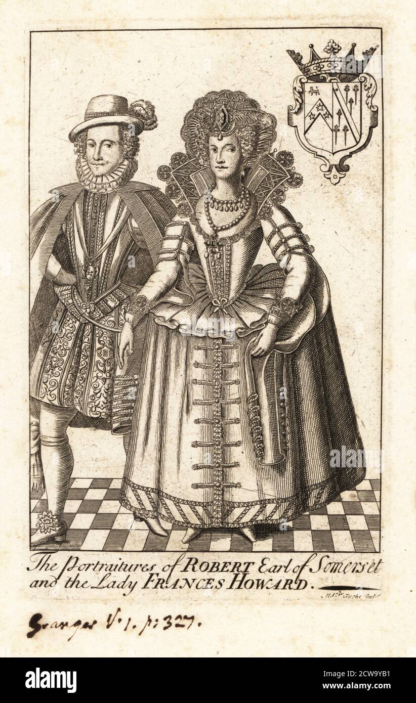 Robert Carr, Earl of Somerset, und Frances Howard, Gräfin von Somerset, berüchtigte mörderische englische Aristokraten. Sir Thomas Overbury wurde im Gefängnis von Howards Magd Anne Turner vergiftet. Im Prozess 1615 wurden Frances und Robert für schuldig befunden, später aber von König James I. begnadigt.Kupferstich von Gerard Vandergucht, veröffentlicht für William Granger, 18. Jahrhundert. Stockfoto
