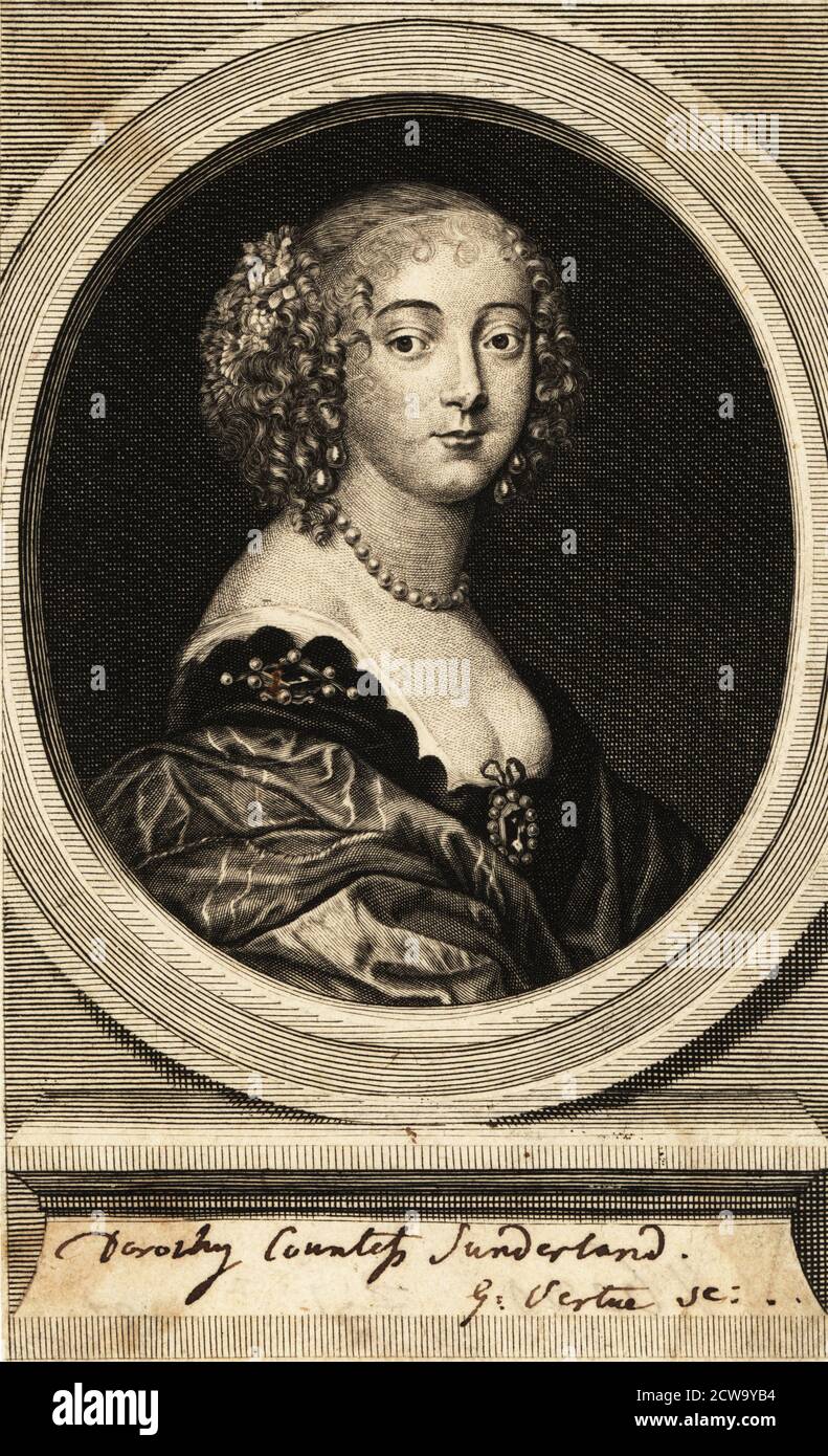 Dorothy Spencer, Gräfin von Sunderland (1617–1684), Ehefrau von Henry Spencer, 1. Earl of Sunderland und Tochter von Robert Sidney, 2. Earl of Leicester, und Lady Dorothy Percy. Kupferstich von George Vertue nach einem Gemälde von Anthony van Dyck, erschienen in London, 1790er. Stockfoto