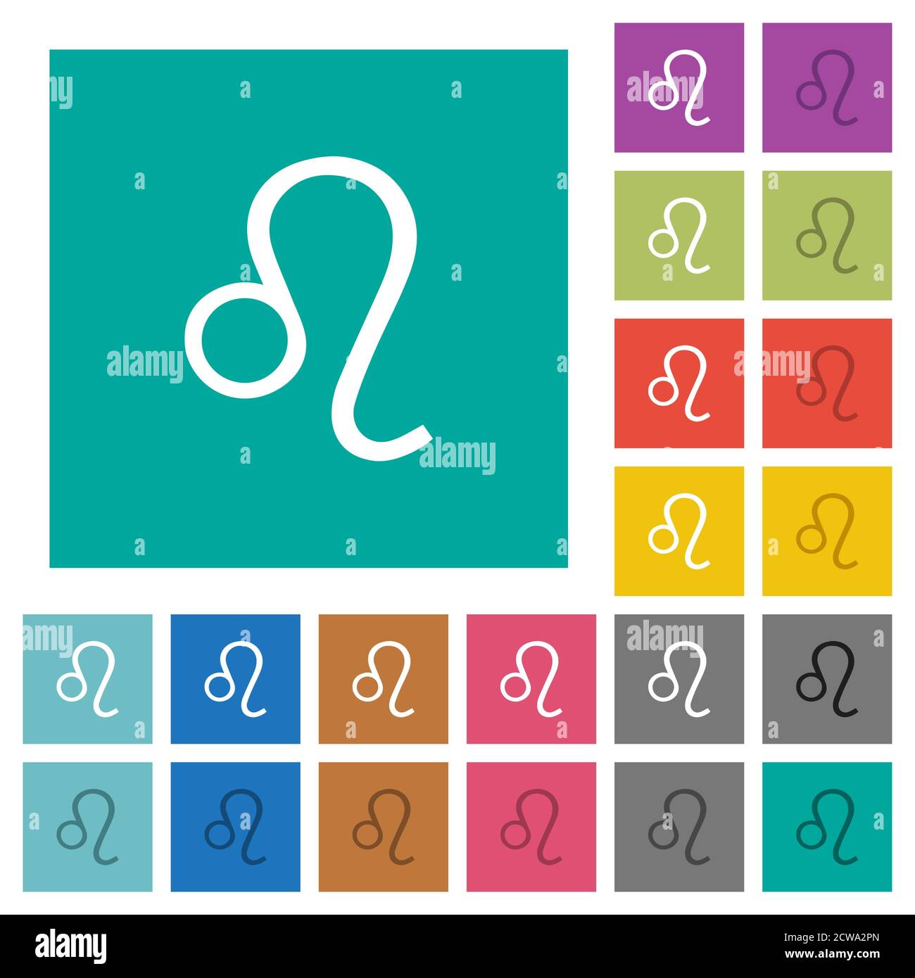 Leo Tierkreis Symbol mehrfarbige flache Symbole auf einfachen quadratischen Hintergründen. Weiße und dunklere Symbolvarianten für schwebe- oder aktive Effekte. Stock Vektor