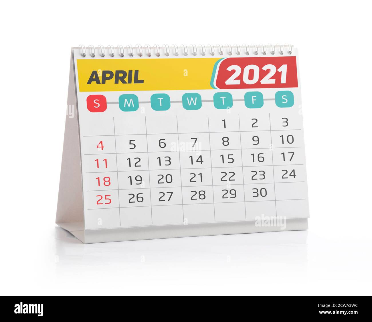 April 2021 Office Kalender isoliert auf Weiß Stockfoto