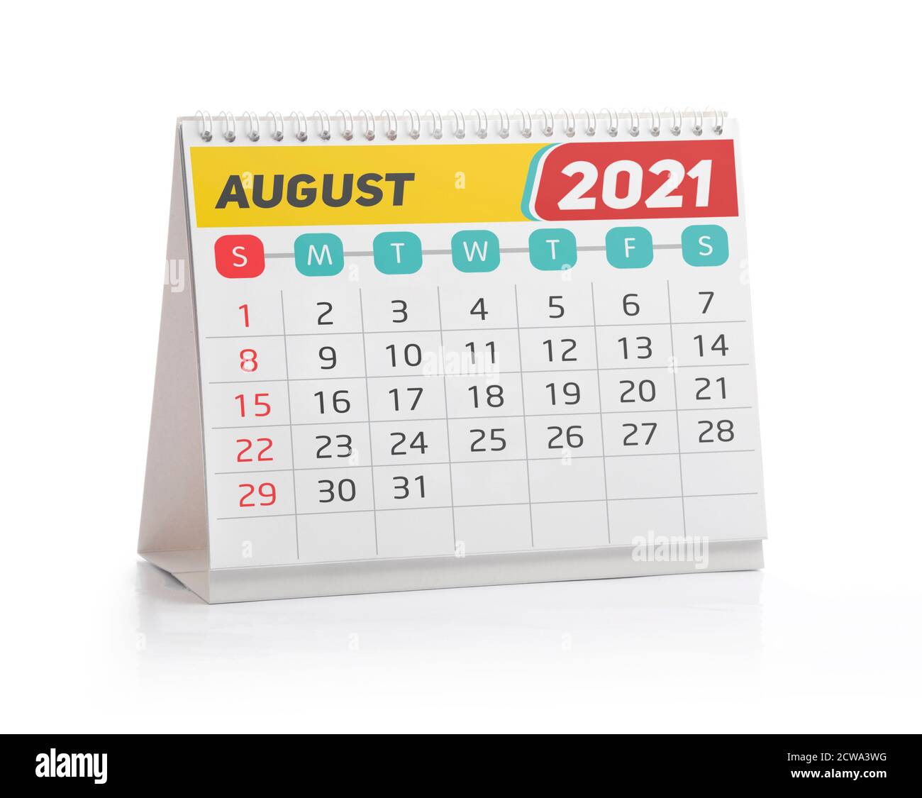 August 2021 Office Kalender isoliert auf Weiß Stockfoto