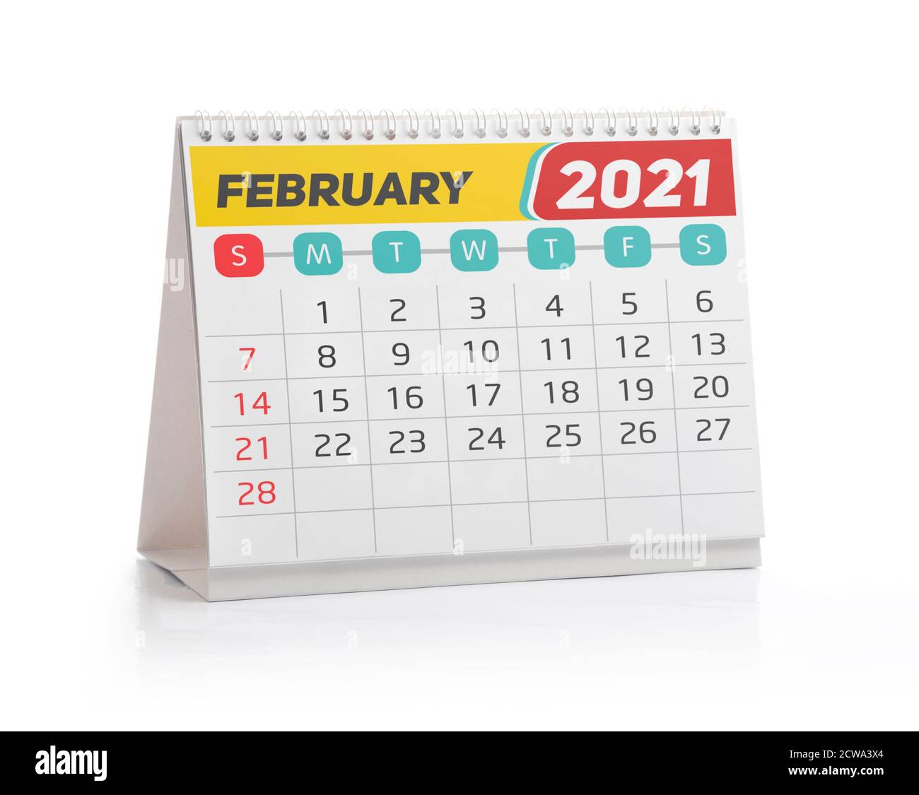 Februar 2021 Office Kalender isoliert auf Weiß Stockfoto