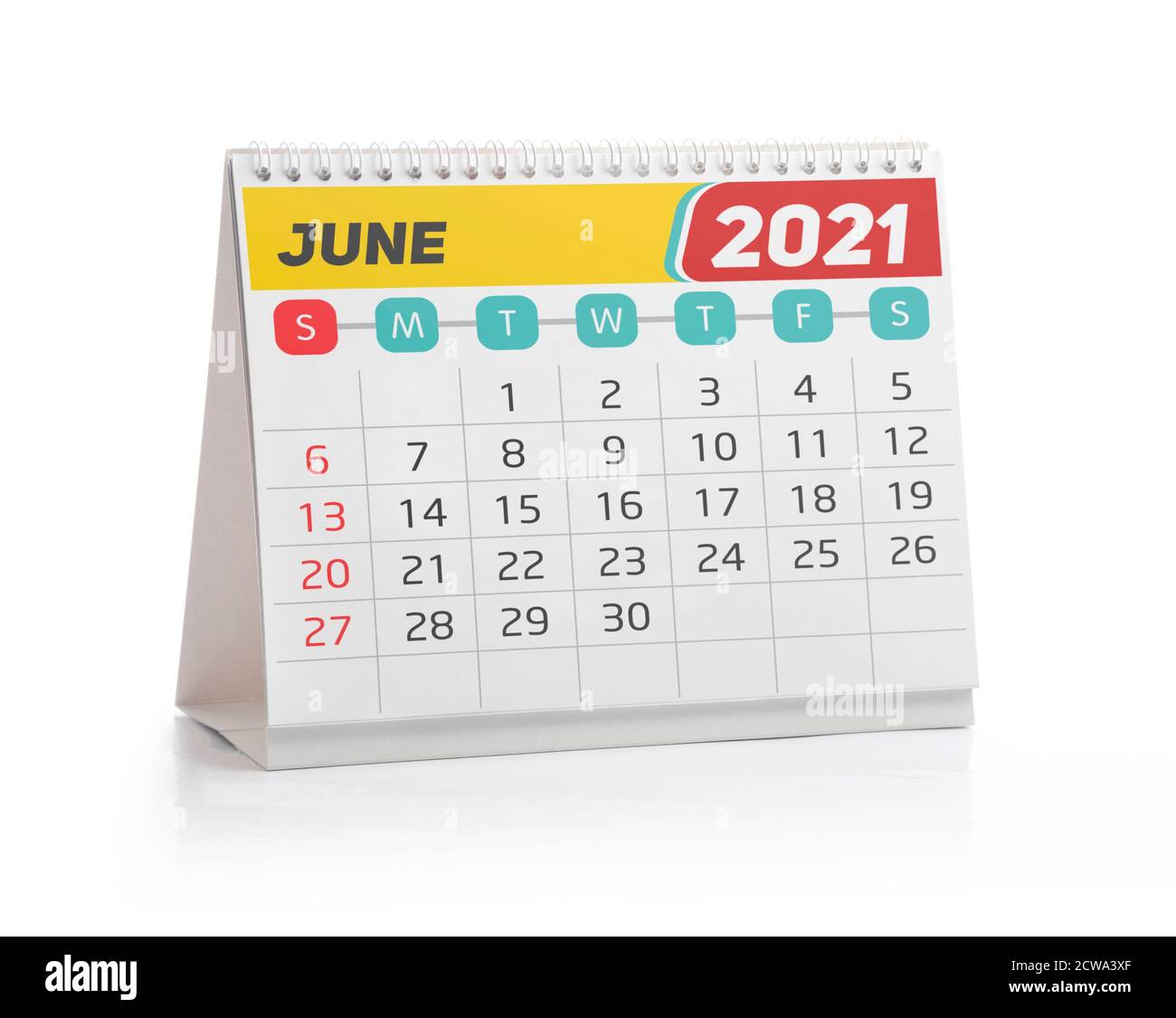 Juni 2021 Office Kalender isoliert auf Weiß Stockfoto