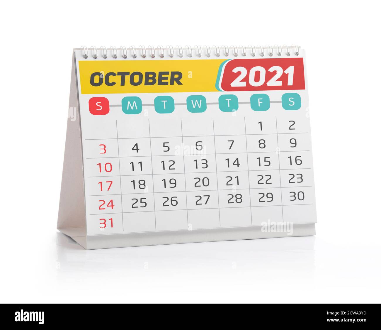 Oktober 2021 Office Kalender isoliert auf Weiß Stockfoto