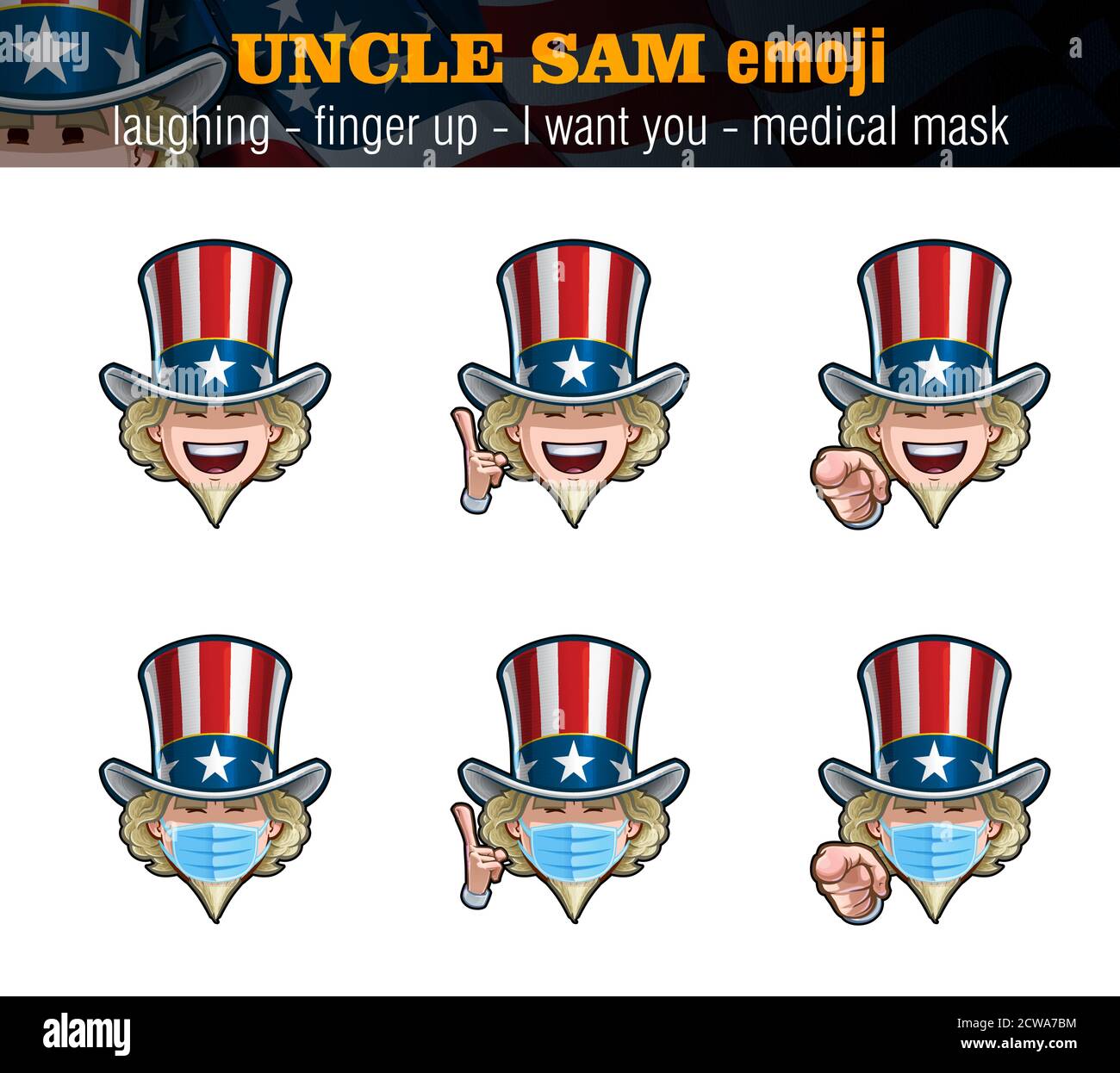 Vektor-Illustrationen Satz von Cartoon Onkel Sam Emoji mit lachenden Ausdruck, nur das Gesicht, zeigt den Finger, ich will Sie und nach oben und chirurgische Maske o Stock Vektor
