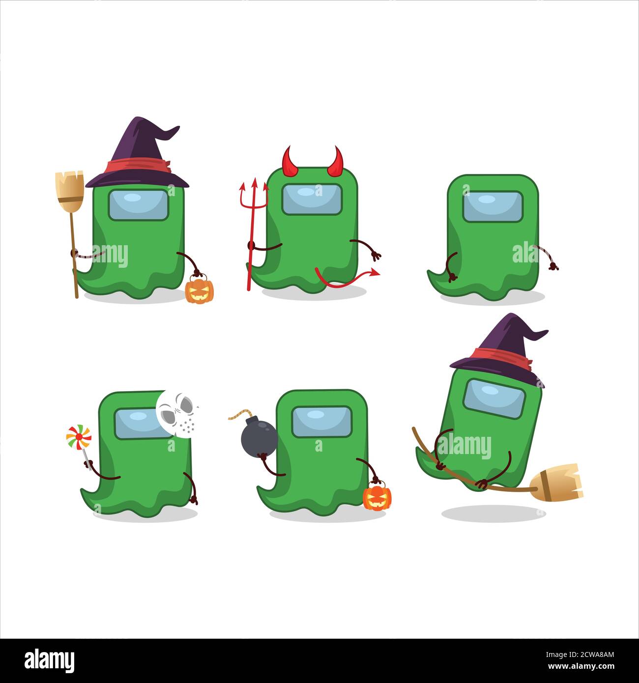 Halloween Ausdruck Emoticons mit Cartoon-Charakter des Geistes unter uns Grün Stock Vektor