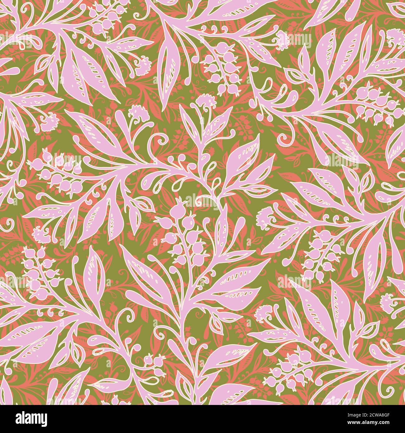 Florales Nahtloses Muster mit Blättern und Beeren in Korallen-, Rosa- und Chartreuse-Grün-Farben, handgezeichnet und digitalisiert. Design für Tapete, Textil, Stoff, Verpackung, Hintergrund. Stock Vektor
