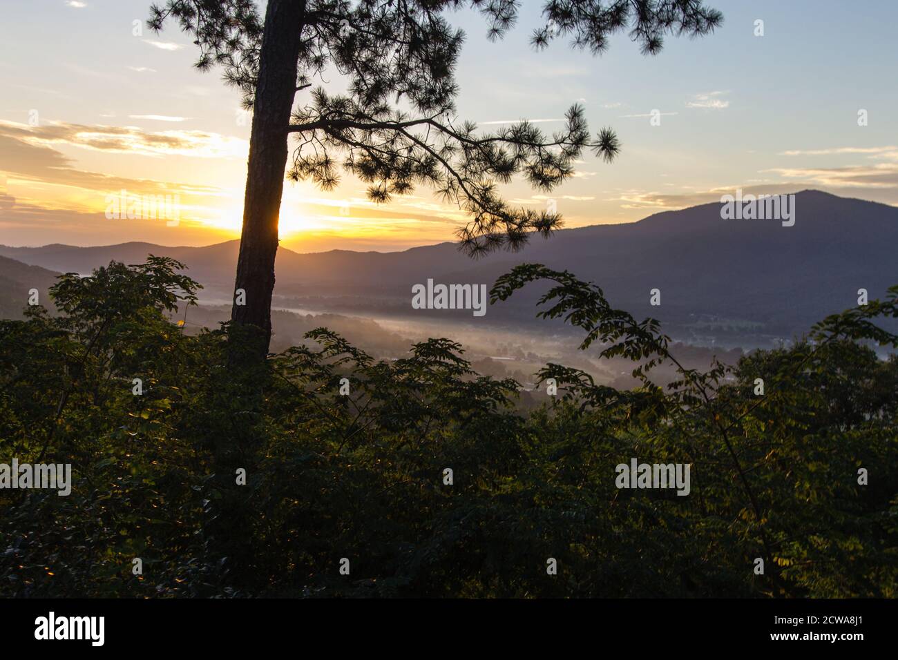 Morgenaufgang Auf Foothills Parkway. Sonnenaufgang über einem nebligen Tal, von einem Blick auf den kürzlich eröffneten Abschnitt des Foothills Parkway aus gesehen. Stockfoto