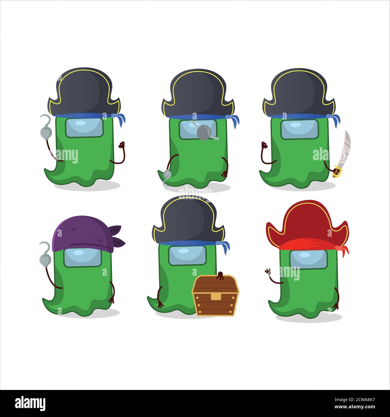 Cartoon Charakter der Geist unter uns grün mit verschiedenen Piraten Emoticons Stock Vektor