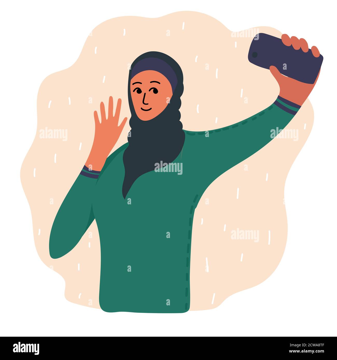 Arabischer muslimischer Blogger macht Foto Selfie für Blog oder vlog Bewertung. Nette Brünette Mädchen mit Smartphone-Kamera. Goldene Ohrringe, Perlen, Armband Stock Vektor