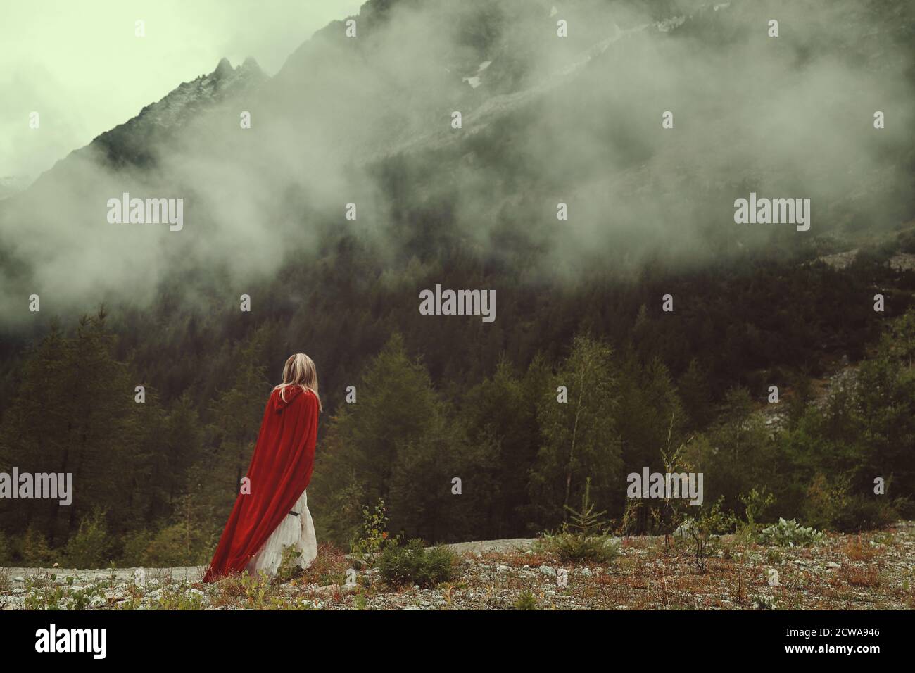Frau allein schaut auf neblige Berge Stockfoto