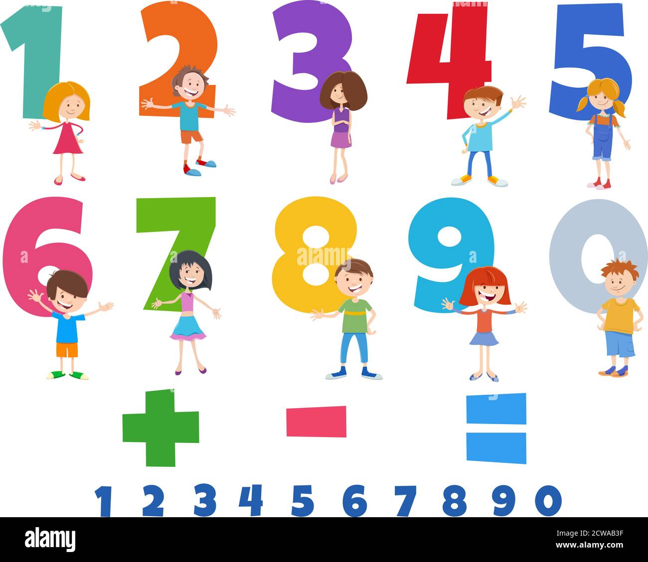 Cartoon Illustration von Educational Zahlen von eins bis neun gesetzt Mit Happy Children Zeichen Stock Vektor