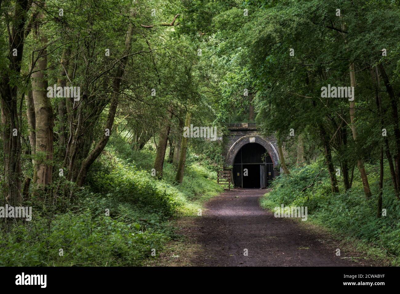 Eingang zu einem der Kelmarsh Tunnel, stillstehen Eisenbahntunnel, Brampton Valley Way, Northamptonshire, England Stockfoto