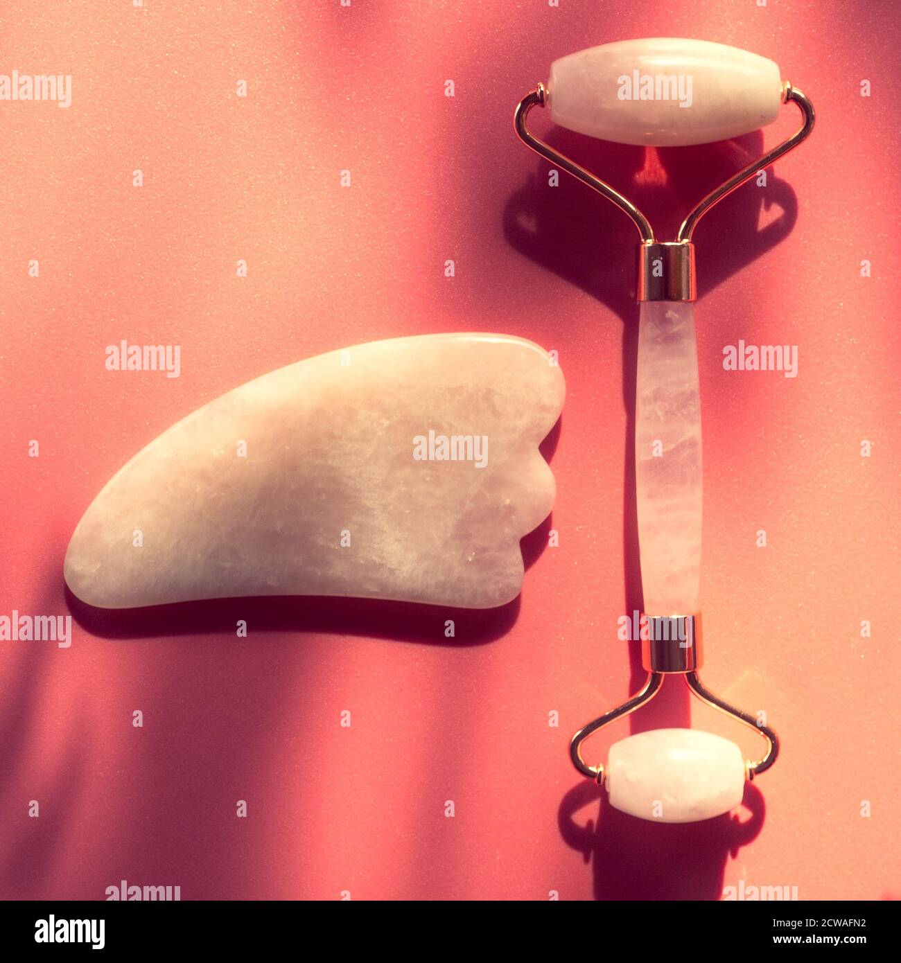 Gesichts Jade Massage Derma Roller oder Gua Sha mit trendigen Schatten, Schönheit Anti-Aging-Tools. Stockfoto