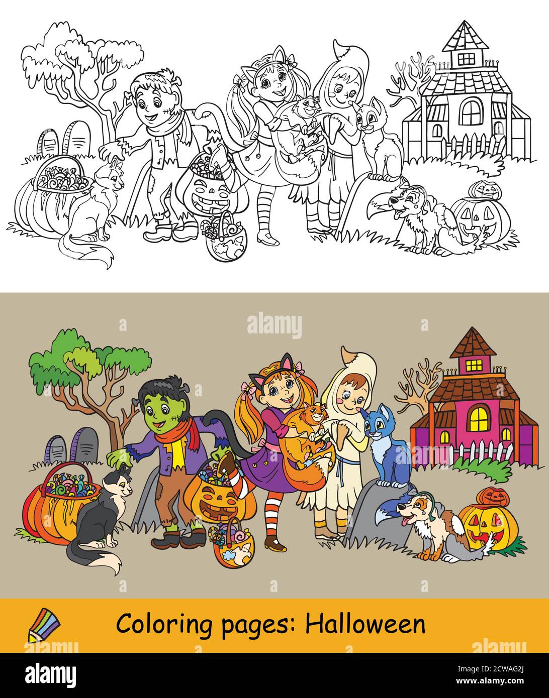 Cartoon halloween Illustration. Vektor-Färbung und farbige Beispiel glückliche Kinder in Kostümen von Geist, Lady Cat und Monster.Malbuch für Kinder Stock Vektor