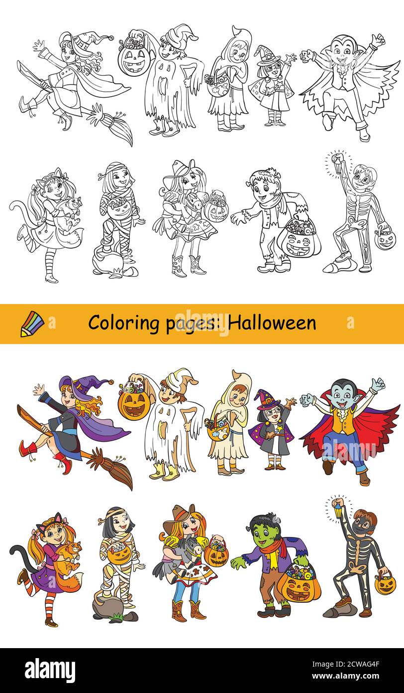 Cartoon halloween Illustration. Vektor-Färbung Set von glücklichen Kindern in Kostümen und farbigen Beispiel. Malbuch für Kinder, Vorschulbildung Stock Vektor