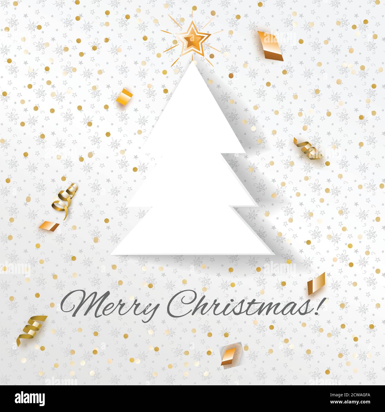 Weißer Weihnachtsbaum mit goldenen Serpentin und Konfetti, Minimalismus Grußkarte Stock Vektor