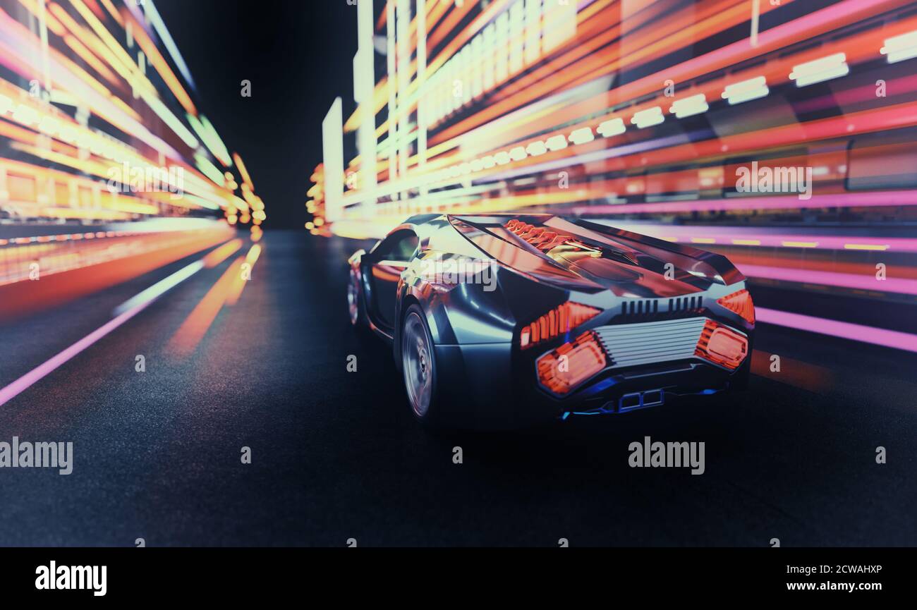 Futuristisches Auto bei Nacht. Bewegungsunschärfe Hintergrund mit Lichtspuren. 3D-Illustration Stockfoto