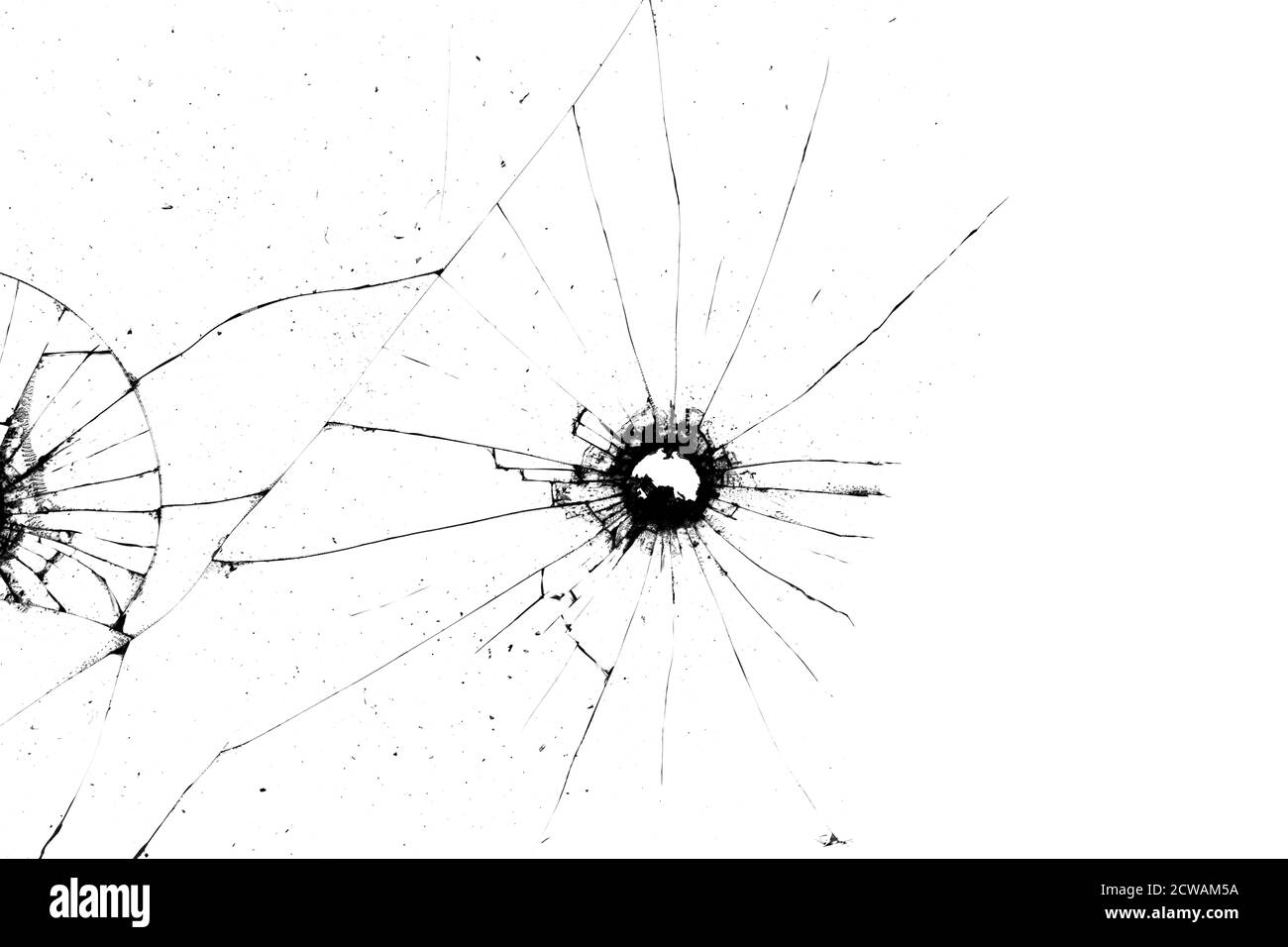 Zerbrochene Glasstruktur. Schwarze Risse auf weißem Hintergrund Stockfoto