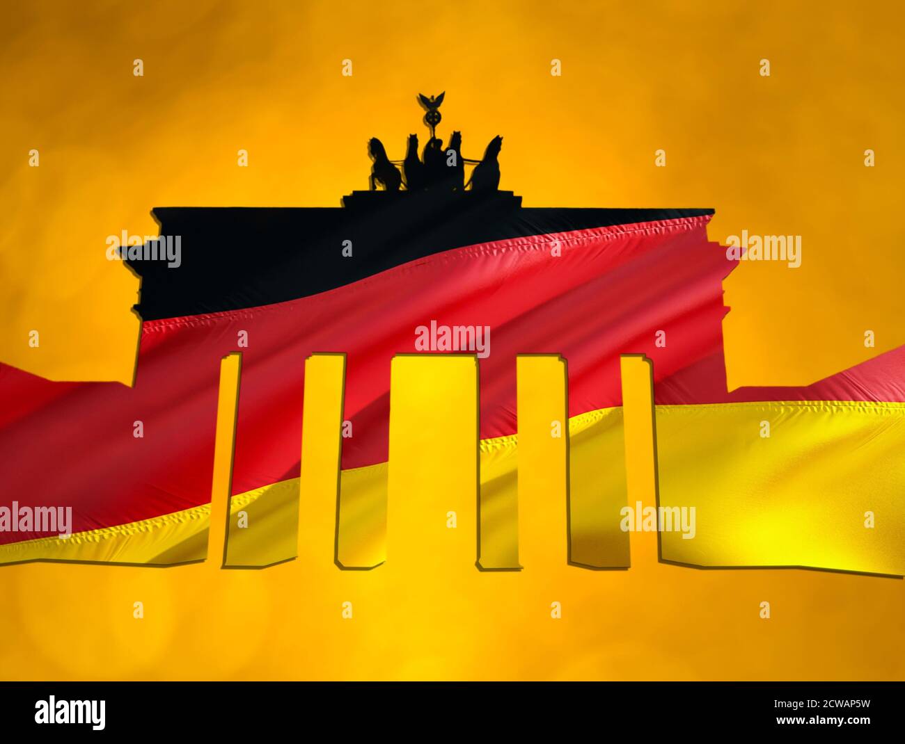 Eine Illustration des brandenburger Tores mit deutscher Flagge Gelber Hintergrund Stockfoto