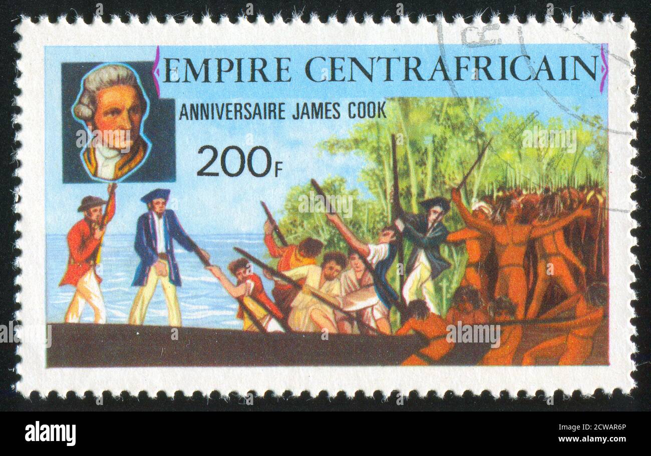 ZENTRALAFRIKANISCHE REPUBLIK 1978: Briefmarke gedruckt von Zentralafrikanische Republik, zeigt Hawaiianer, die Captain Cook begrüßen, um 1978 Stockfoto