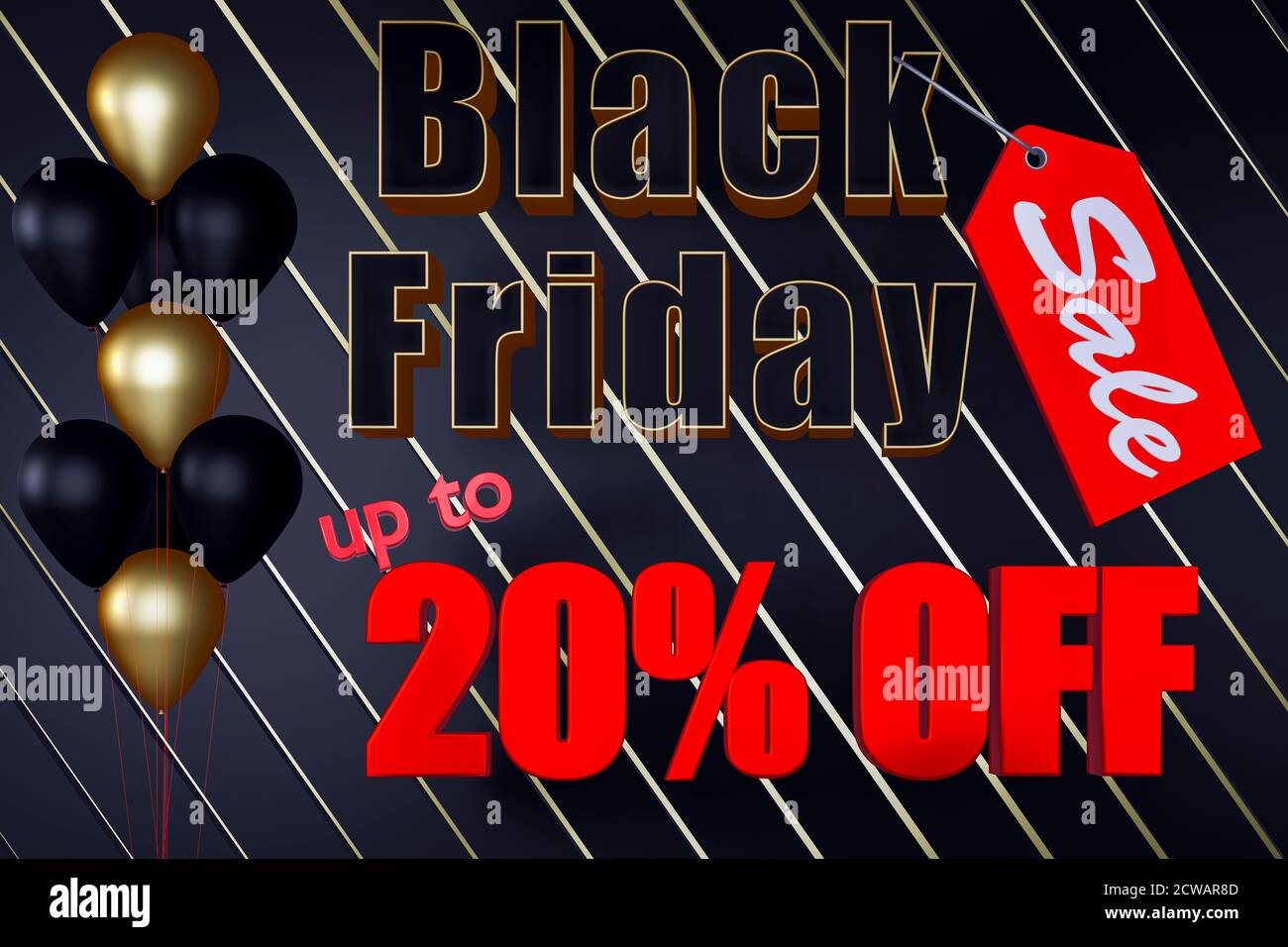 Black Friday Verkauf schwarzen freitag Illustration Hintergrund Poster oder Zeichen Bild mit schwarzen freitag 20% Rabatt auf Text 3D gerendert Stockfoto
