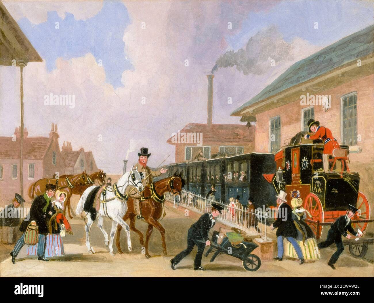 The Louth-London Royal Mail Reisen mit dem Zug von Peterborough East, Northamptonshire, Gemälde von James Pollard, 1845 Stockfoto