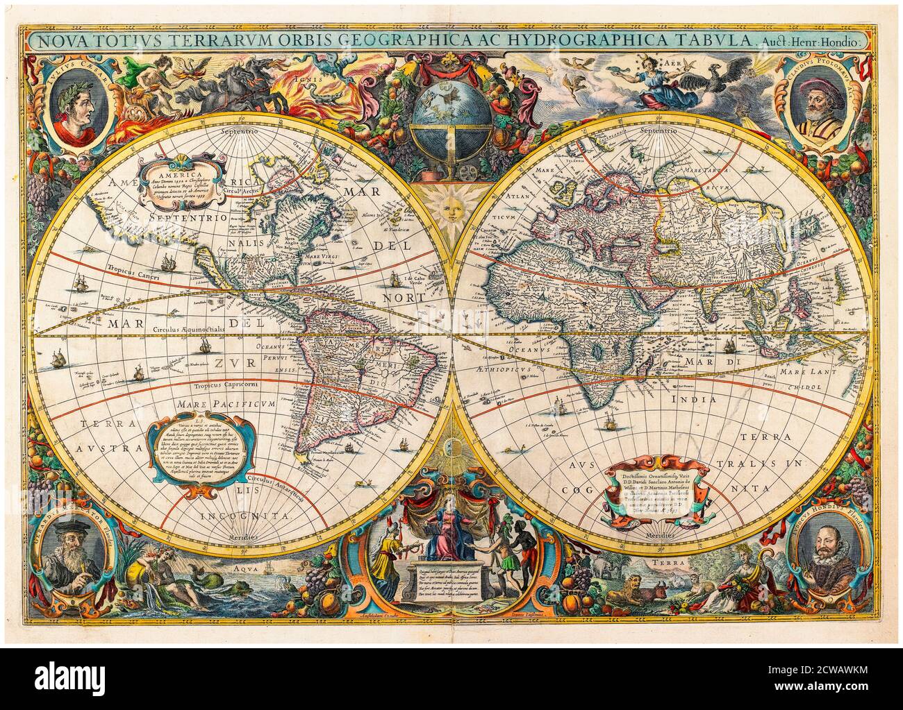 Alte Karte der Welt aus dem 17. Jahrhundert von Hendrik Hondius und Jan Jansson, Holländer, hergestellt 1641 Stockfoto