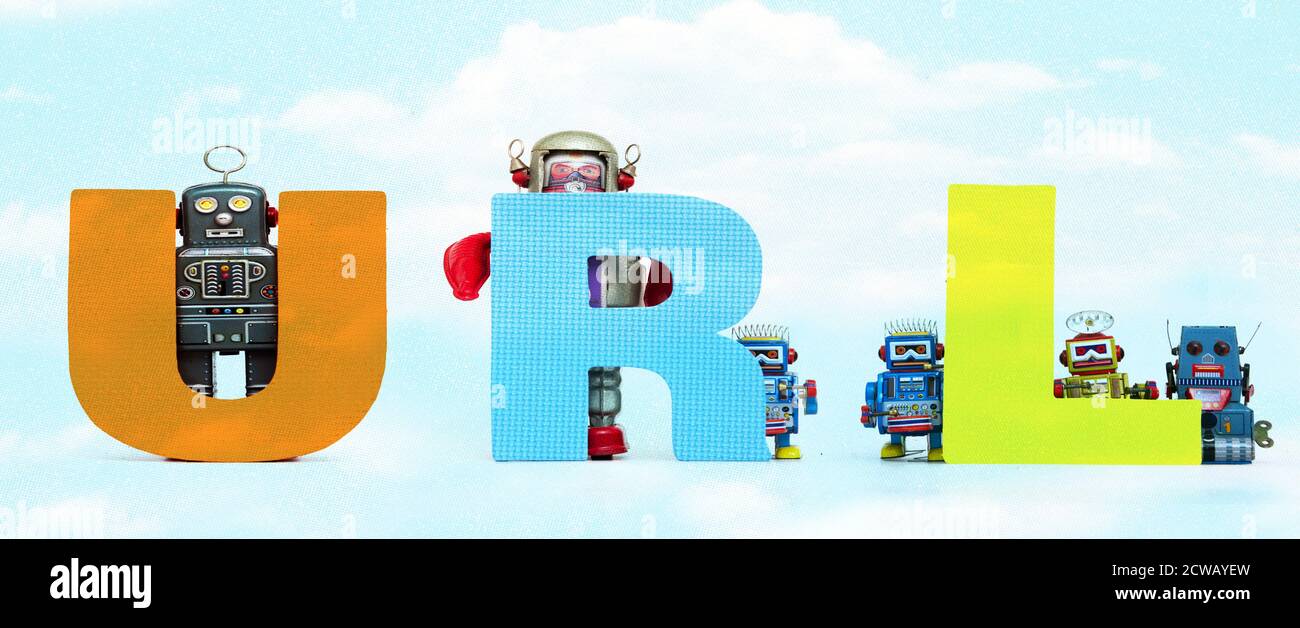 Retro Zinn Roboter Spielzeug halten die Akronym URL Cloud Stockfoto