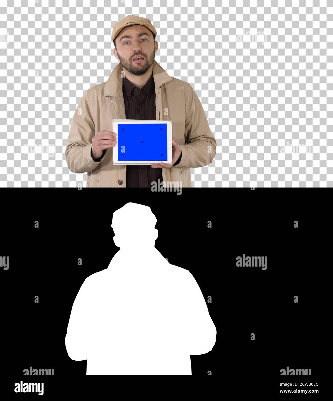 Mann im Graben zu Fuß und halten Tablet mit blauem Bildschirm Modell Stockfoto