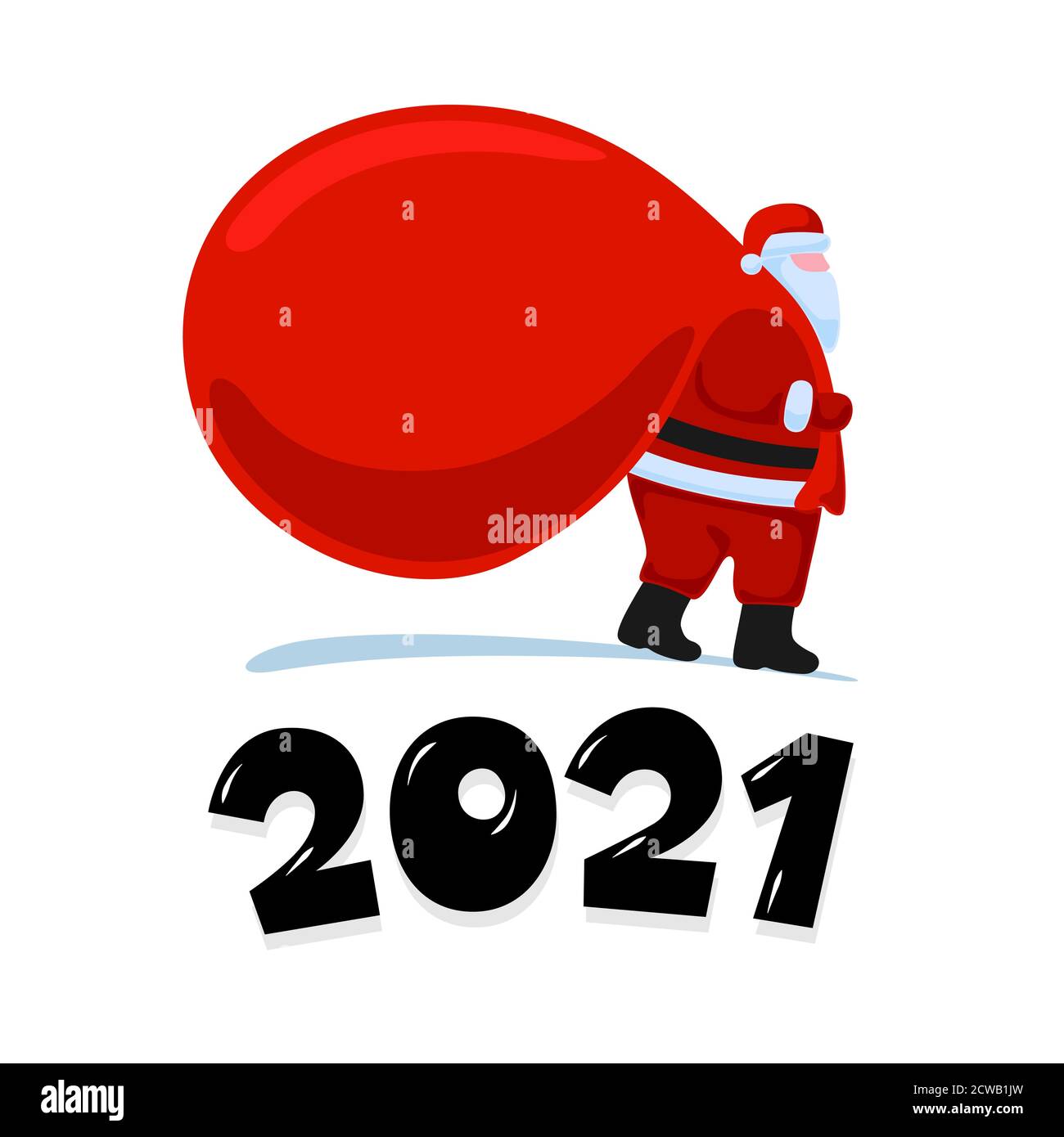 Santa Claus Cartoon Charakter kommen und trägt große schwere Geschenke rote Tasche. Weihnachten und Happy New Year Weihnachtsgruß Karte auf weißem Hintergrund. Vektor eps Feier Kalender Poster Illustration Stock Vektor