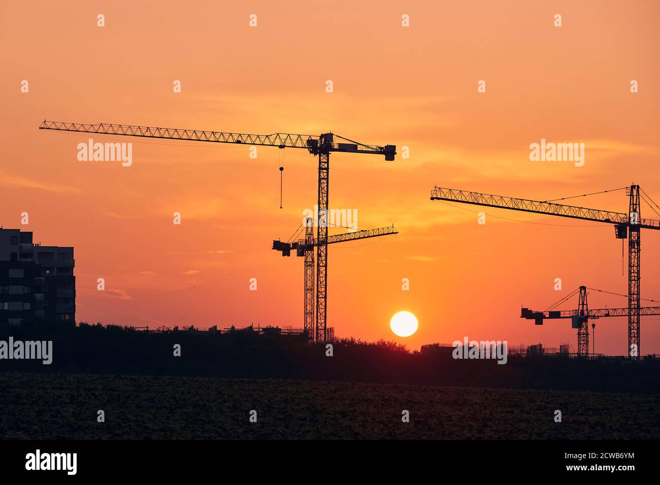 Bauaktivitäten auf Baustellen. Silhouetten von Kränen gegen die Sonne. Stockfoto