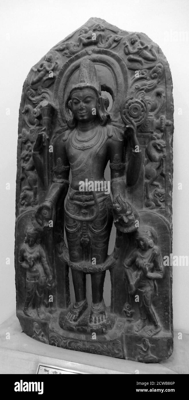 Steinstatue von Vishnu, der Gott des Schutzes, Erhaltung des Guten, Karma-Wiederherstellung, Moksha. Stockfoto