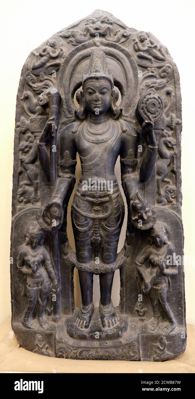 Steinstatue von Vishnu, der Gott des Schutzes, Erhaltung des Guten, Karma-Wiederherstellung, Moksha. Stockfoto