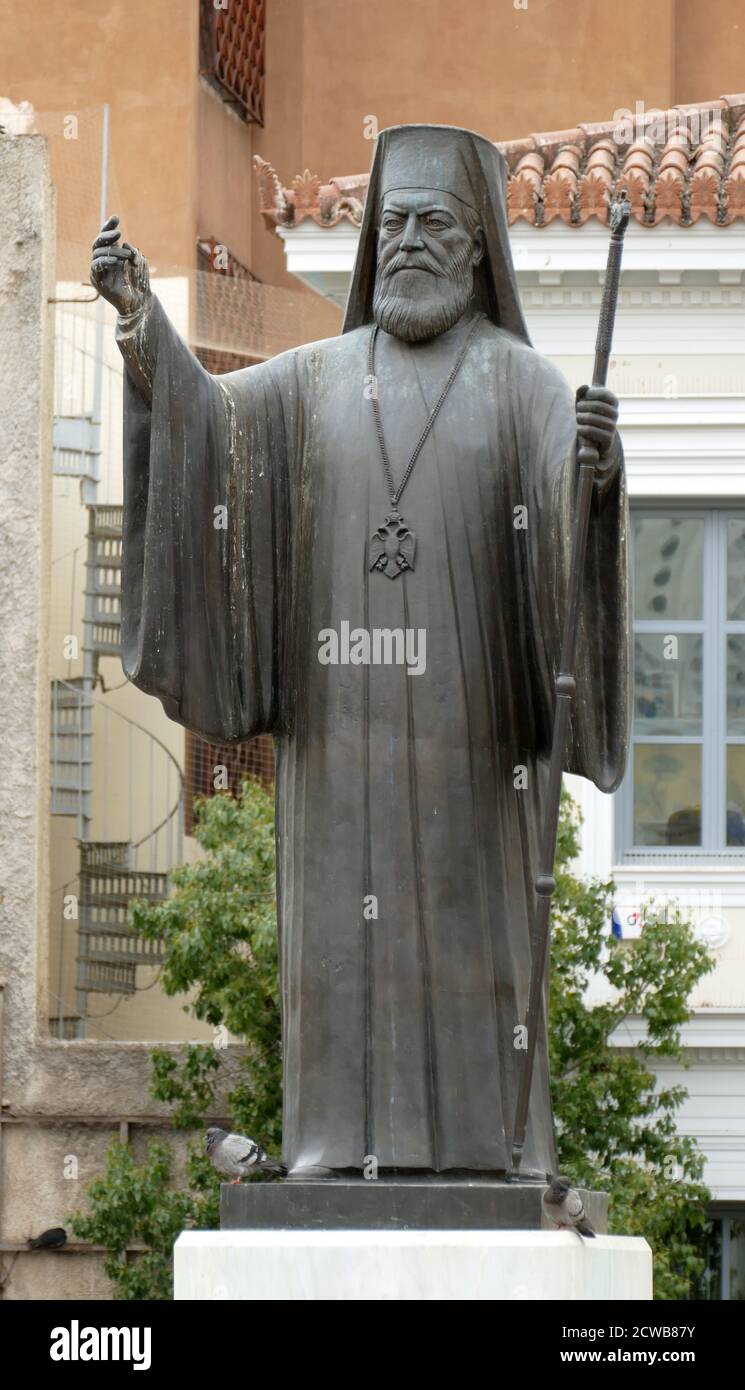 Statue von Damaskinos von Athen (1891-1949) der Erzbischof von Athen und ganz Griechenland. Stockfoto